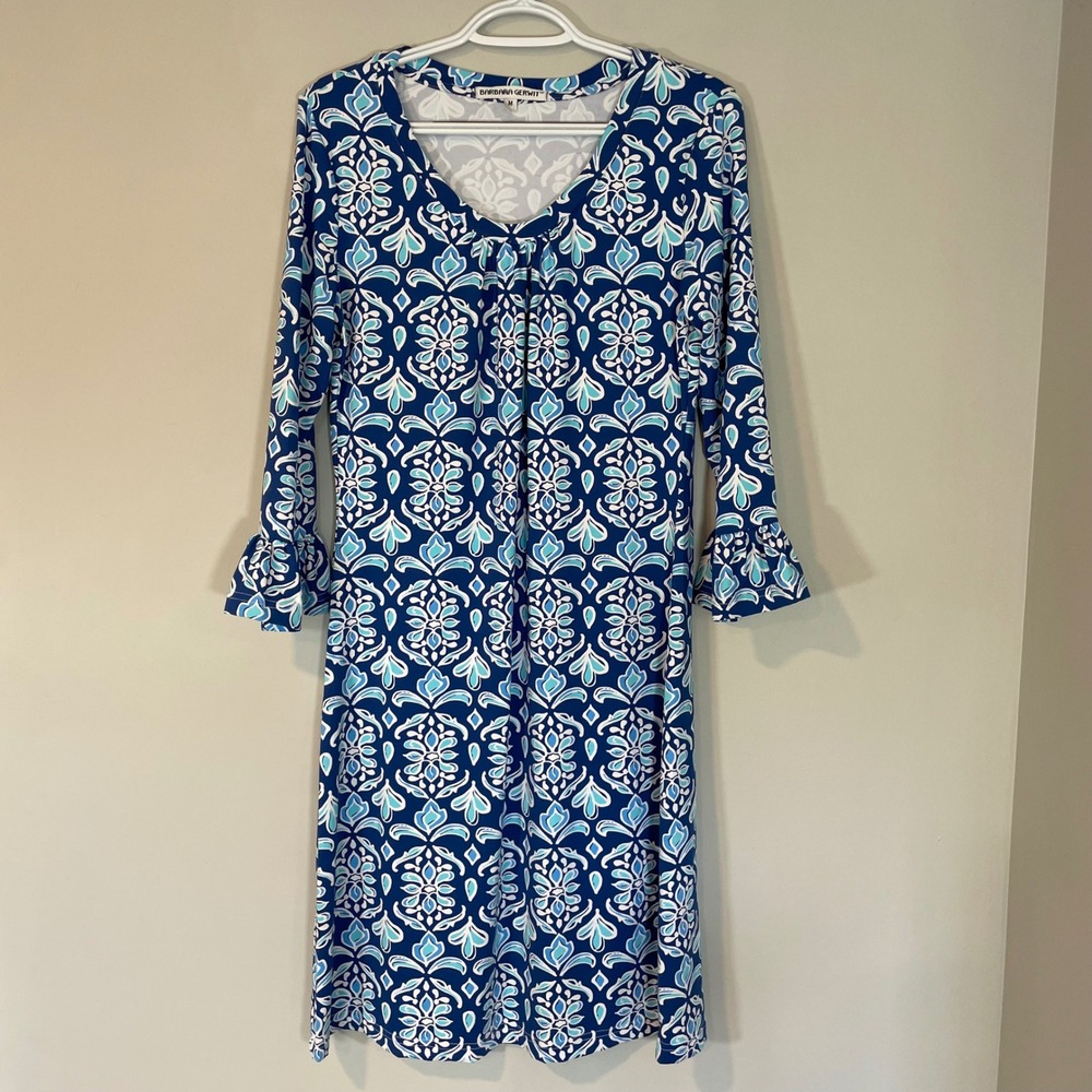 Barbara‎ Gerwit Blue White Geometric Ruffle Flutter Sleeve Shift Dress Womens M